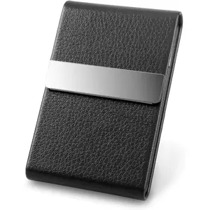 Professional Business Card Holder PU Leather Business Card Case, Slim Metal Pocket Card Holder with Magnetic Shut wallet men