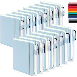 15 Pack Pocket Small Notebooks Bulk, Mini Cute Memo Notepads Hardcover College Ruled Lined Journals with Pen Holder for Women Girls Office School, with 15 Black Pens, 3.5"x 5.5", A6, Light Blue