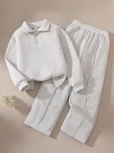 Girls' 2-Piece Fleece-Lined Casual Outfit Set, Zipper Design Long Sleeve Sweatshirt & Elastic Waist Pants, Warm Comfortable Fall Winter