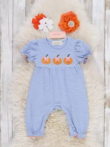 Pumpkins & Blue Stripes Embroidered Romper