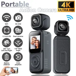 4K Pocket Vlog Camera with Dual Front/Rear Lens,  Stabilizer, WiFi, Rotatable Screen, Face Tracking, Bike Mount & Wifi Sports Camera | Handheld Portable for YouTube, Travel, Cycling