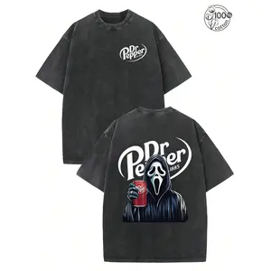 Ghost Face Dr Pepper Horror Halloween T-Shirt, 230G Washed Batik Thick Cotton Double Sided Graphic Tee, Loose Streetwear for Men Women Couples Halloween Gift