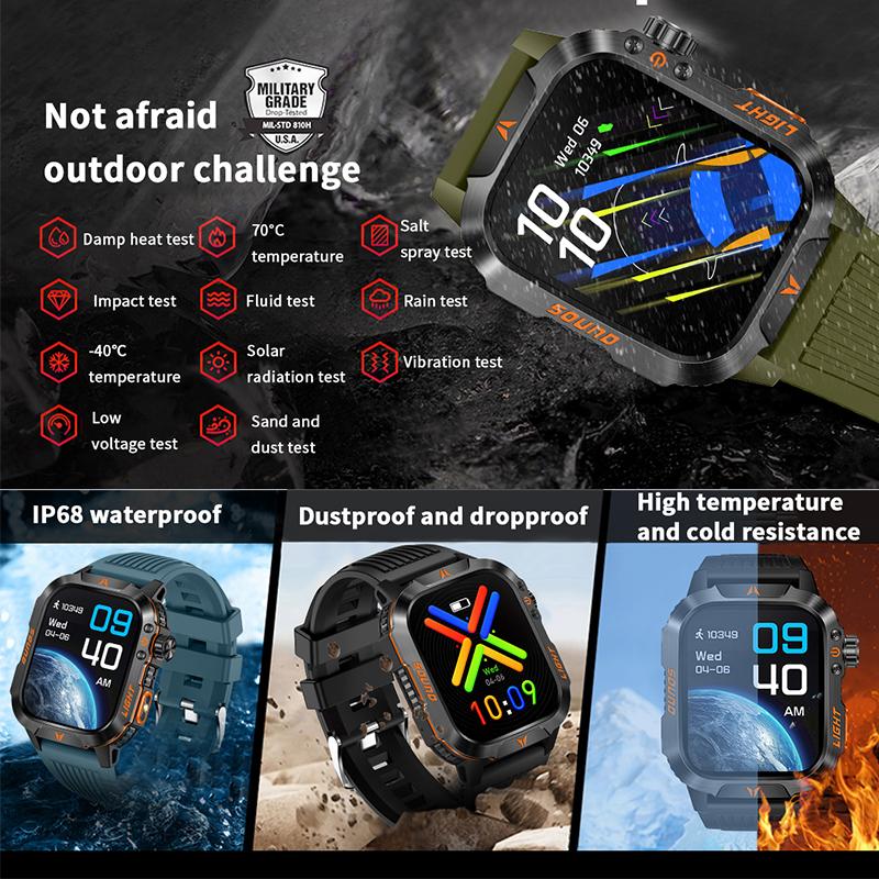 2026 Outdoor-Style Smartwatch with 2.01-inch IPS Screen LED Lighting Wireless Call Sports Modes Calorie Tracker Compass Weather Alerts Men's Gift