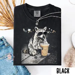 Raccoon Drinking Iced Coffee Shirt, Funny Animal Meme Tee, Coffee Lover Raccoon Shirt, Comfort Colors Tshirt, Unisex Graphic T Shirt
