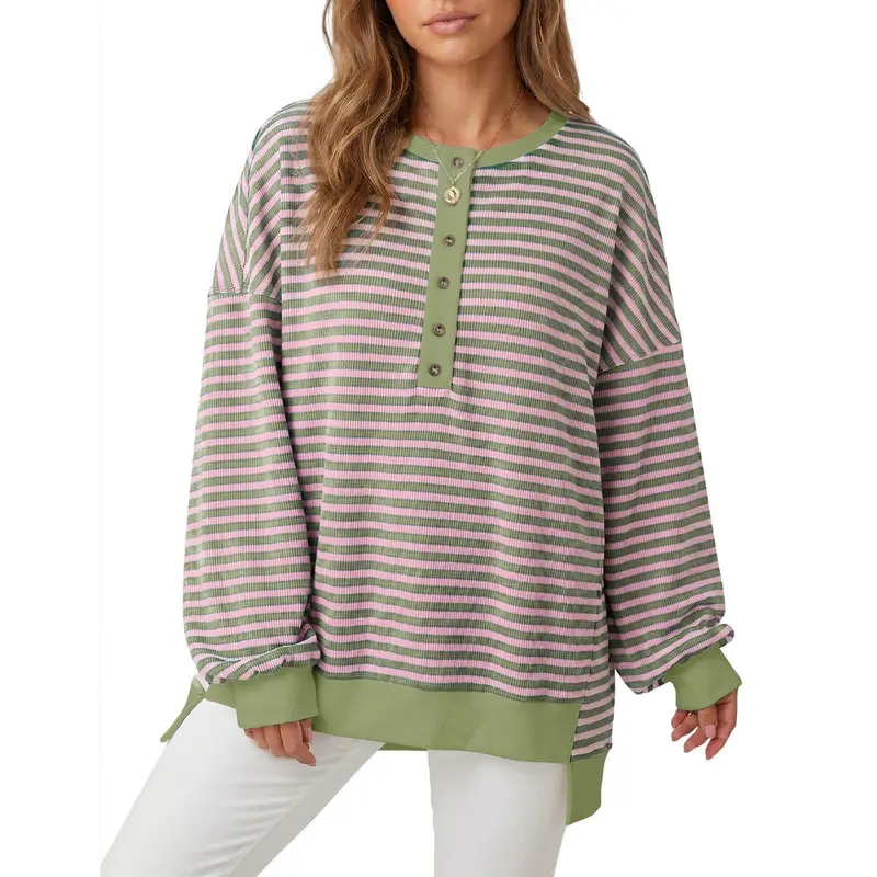 Dokotoo Women's Enviably Cozy Striped Oversized Waffle Knit Colorblock Long Sleeve Crewneck Top Pullover Sweatshirt