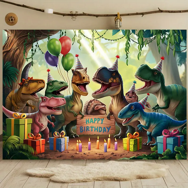 Jurassic Jungle Dinosaur Birthday Party Backdrop - Lightweight Soft Polyester Peach Skin Tapestry, Hand-Made Banners, Wall Decor Photo Booth Prop for Kids, Wedding Cake Table Festive Party Supplies