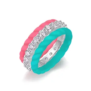 S925 Moissanite 2 Colorful Silicone Stackable Combination Women's Ring Hot Sale Fashion Simple