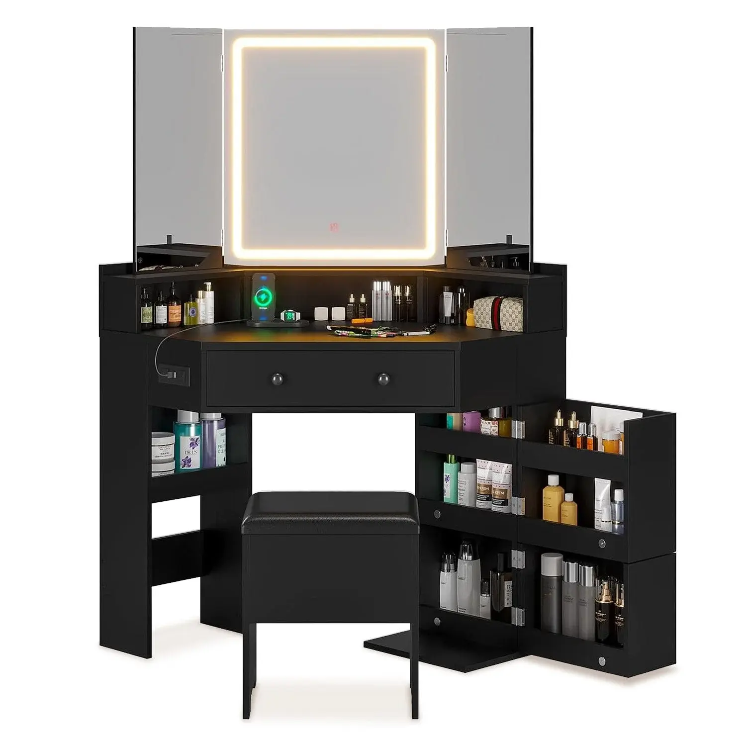 SIKAIC Modern Black Corner Lighted Makeup Vanity Table - Tri-Fold Mirror, Cushioned Storage Stool, Corner Makeup Organizer, Backlight, Mirror, Multi-Focus, Self-Contained Vanities, Backlight Makeup Vanities