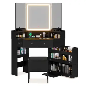 Corner Makeup Vanity with Tri-Fold Mirror and Cushioned Storage Stool Black