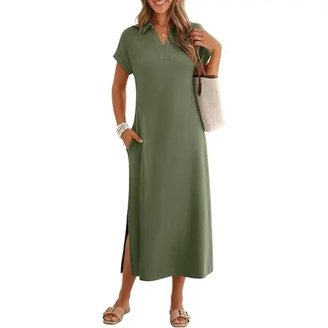 MEROKEETY Women's Chic 2026 Summer Casual Long Dress - Cap Sleeve/V-Neck Collared, Breathable, Short Sleeve Option, Pocket-Ready, Above-Ankle Length, Beachy Style for Casual Wear