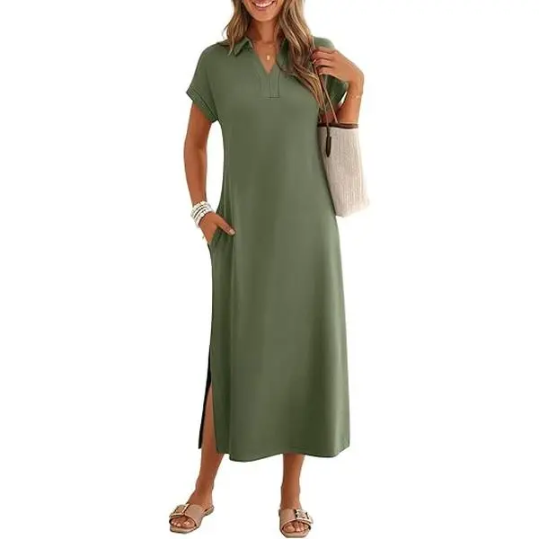 MEROKEETY Women's Summer Casual Maxi Dress 2026 Cap Sleeve V Neck Collared Beach Vacation T Shirt Long Dresses