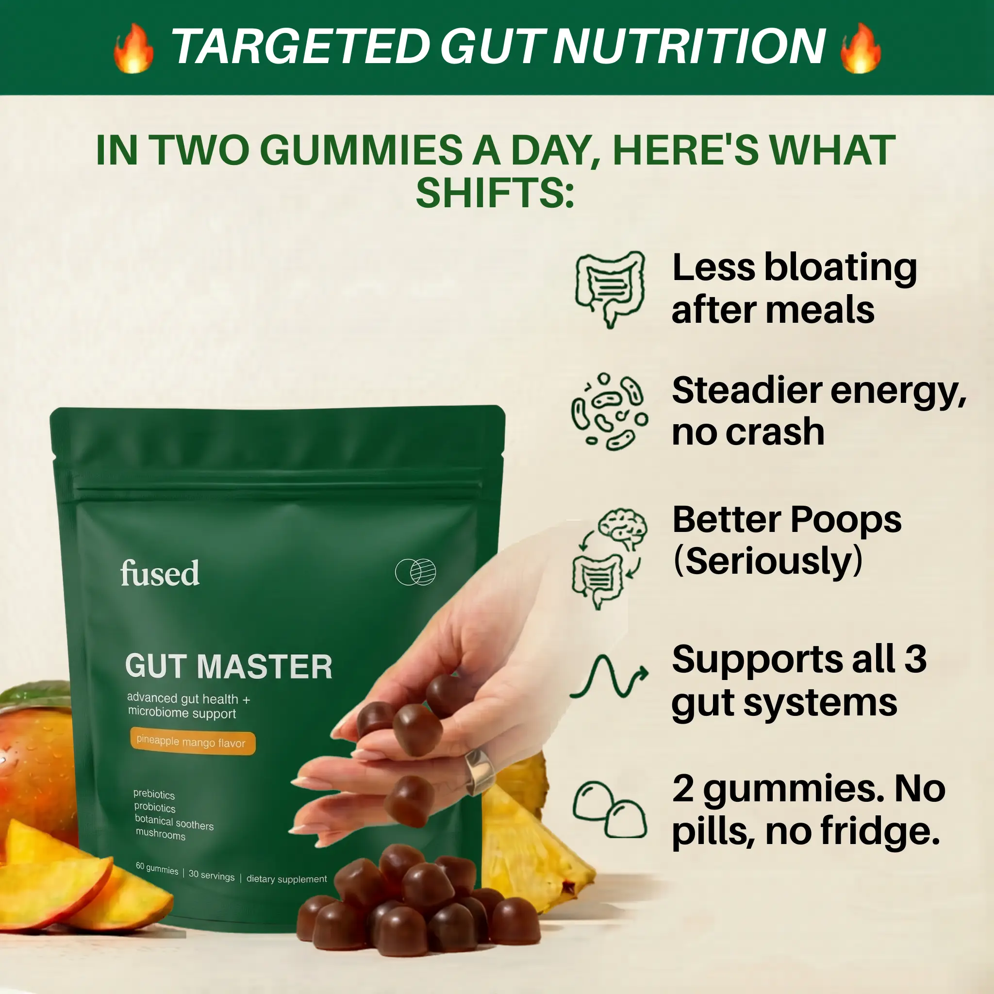 Gut Master 10B Spore Probiotics + Mushroom Blend Daily Wellness Gummies Vegan Shelf-Stable Pineapple Mango Flavor - Healthcare, Edible