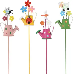 Decorative Garden Stakes Set Metal Ornaments Waterproof 4PCS Watering Can Designs for Indoor Outdoor Yard Patio Plant Pot Rust-Proof Hand-Painted