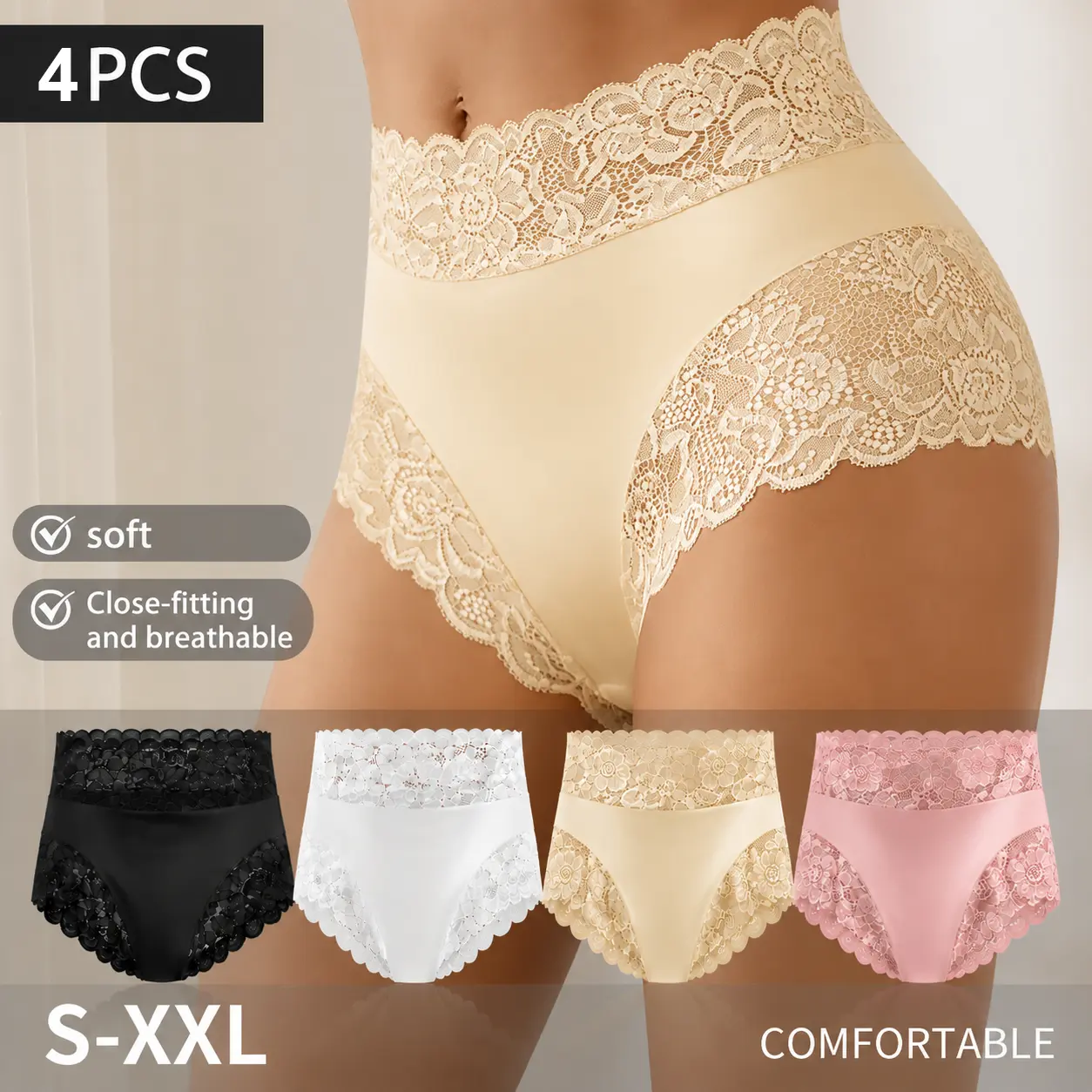 Women's 4PCS Wirarpa High-Waist Cotton Panties - Chic, Minimalist Lingerie, Soft Stretch Fabric, Breathable Lace, Painless Fit, Slight Tummy Control, All-Season Everyday Solid Color Elastane Knickers, Comfortable, 4Pcs Mixed Colors, Lace Panties, Cotton P