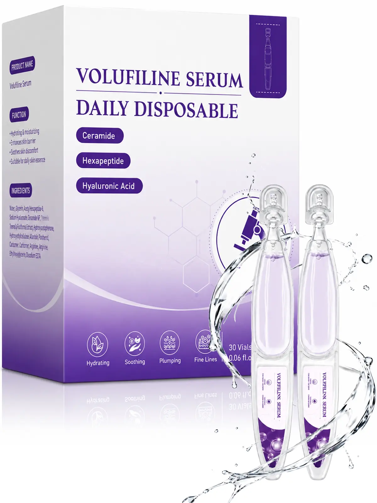 Volufiline Serum Daily Disposable, Lightweight Fast-Absorbing Face Serum for Daily Hydration, Helps Improve the Appearance of Skin Elasticity, Smoothness & Natural Radiance, Lightweight Moisturizing Formula with No Residue, 30 Vials, 1.5 mL Each