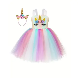 NewGirls' Sparkling Unicorn Tutu Dress, Unicorn Themed Birthday Party Princess Dress, Colorful Tulle Puff Dress for Girls Aged 3-10, Summer Carnival Halloween Costume, Holiday Birthday Gift