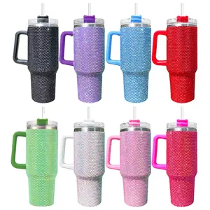 16pack Stainless Steel Rhinestone Tumbler with Straw and Handle, 40oz Insulated Stainless Steel Bling Travel Mugs Tumbler Car Cup for Valentine & Chirstmas Drinkware Flasks