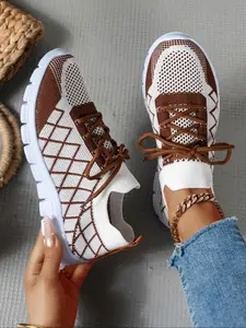Women's Fashionable Lace Up Low Top Sneakers, Casual Breathable Lightweight Non-slip Sports Knitted Running Shoes, All-match Basic Shoes for Daily Wear