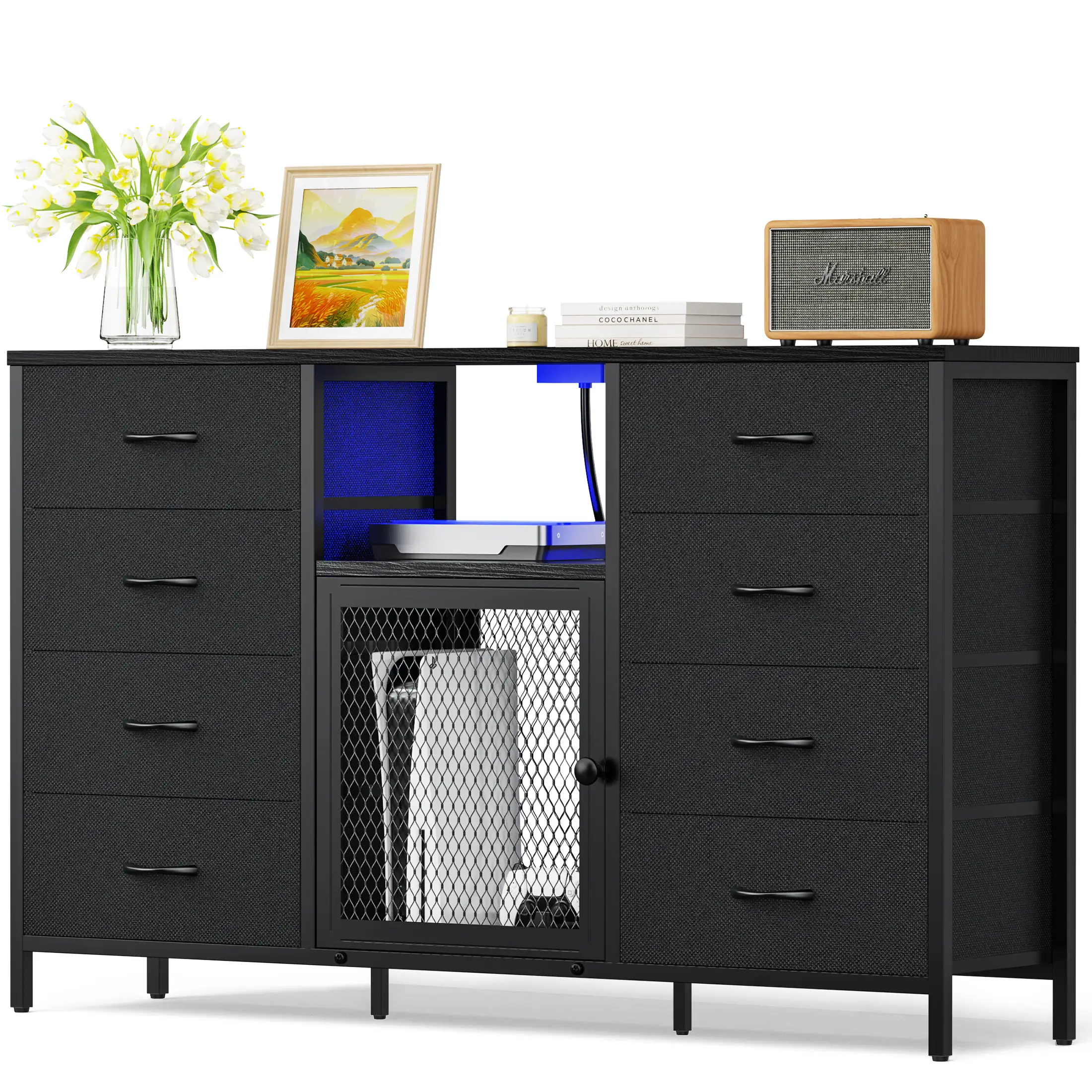 Decofy Dresser for Bedroom, 52 inch Dressers TV Stand with LED Light and Power Outlets, 8 Fabric Dressers Chest of Drawers,Large Dresser Storage Organ