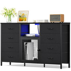 Decofy Dresser for Bedroom, 52 inch Dressers TV Stand with LED Light and Power Outlets, 8 Fabric Dressers Chest of Drawers,Large Dresser Storage Organizer Kids Furniture Closet, Black Wooden Top