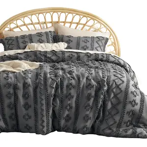 Tufted Boho Comforter Set Queen - White Boho Bedding Comforter Set, 3 Pieces Farmhouse Shabby Chic Embroidery Bed Set, Soft Jacquard Comforter for All Seasons