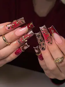 Bowtie Nailbox | Luxury Red Crocodile Leopard Print Mix Match Gold Chrome Cross Charm 3D Texture Long Square Shape Handmade Reusable Sturdy Press On Nails False Nails Gel Manicure Winter Holiday Christmas Party 2025 Glossy Finish Trendy Art Gift