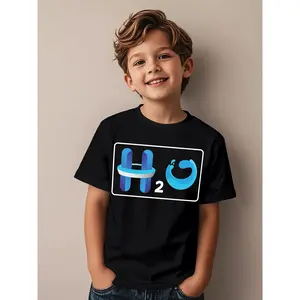 Cute Boys Graphic Tee with Stylish H2O Design in Blue and Purple on Black |   Short Sleeve, Crew Neck, Medium Stretch Fabric, Perfect for Casual Outings, Fun and Cheerful Look for Young Boys