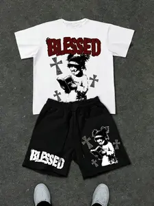 Men's Graphic Tee Set, Short Sleeve Fitted Top Without Button, Regular Length Casual Wear, Streetwear Style, 2 Piece Pack, Prints, Outfit, Clothes