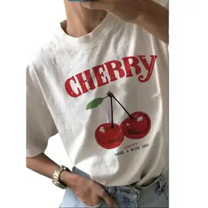 Women's Cherry & Letter Print Drop Shoulder Tee, Casual Trendy Short Sleeve Round Neck T-Shirt, Ladies Clothes for Daily Wear, Summer Tshirt White Womenswear Crewneck