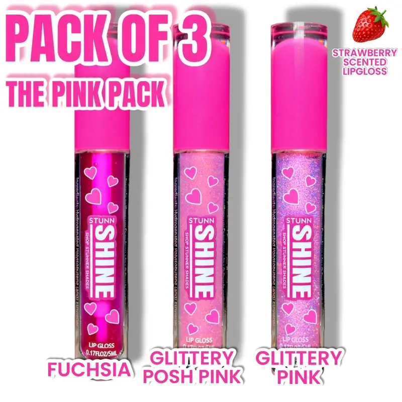 3 Pack Pink Lipgloss Bundle - Fuchsia Pink Lip Tint Oil, Glittery Light Pink & Glittery Posh Pink Lipgloss