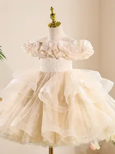 Champagne color dress with floral embroidery train design elegant and beautiful dress suitable for girls birthday party anniversary and prom