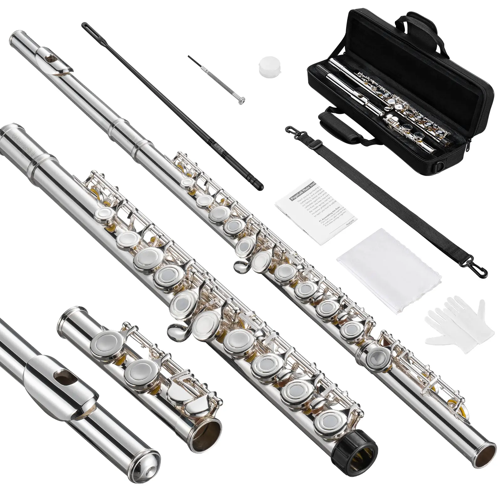 POGOLAB 16 Keys  Open Hole C Flute, Silver Plated, Flute Instrument for Beginner Advanced Player Student Flute with Case, Stand, Strap, Probe rod, Gloves, Adjustment Screwdriver, Cleaning Kit, for Music Lovers Boys Girls Friends Gift