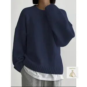Women's Plain Drop Shoulder Sweater, Casual Long Sleeve Round Neck Jumper for Fall & Winter, Stylish Ladies' Knitwear for Everyday Wear Womenswear Hoodie Sweatshirts Pullover Crewneck Basic Fitted Navy Blue