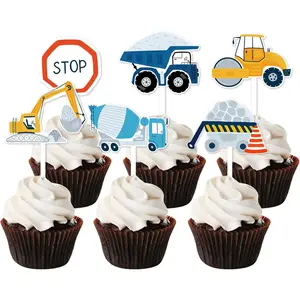 24pcs Construction Cake Toppers Blue Construction Cake DecorationsTable Decorations Dump Truck Excavator Tractor and Stop Sign Party Decor for Boys Baby Shower Birthday Supplies