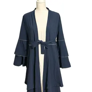 Navy Blue Open Abaya with Tiered Bell Sleeves & Rhinestone Trim for Modest Everyday Wear Ramadan & Eid