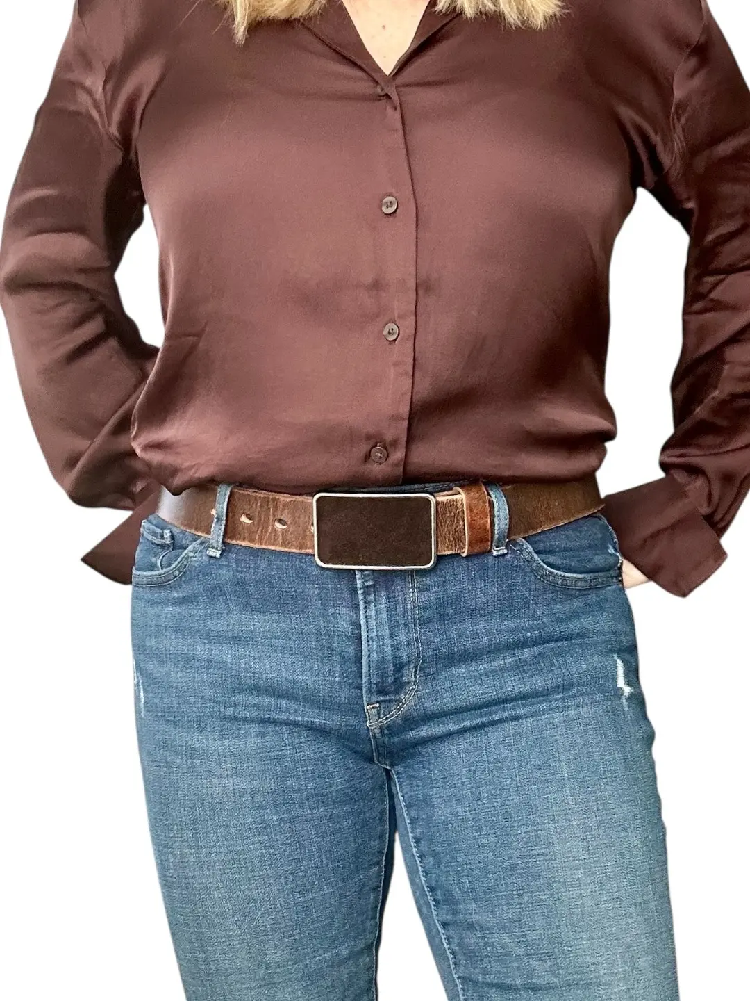 Rectangular Dark Rich Brown Suede Belt Buckle