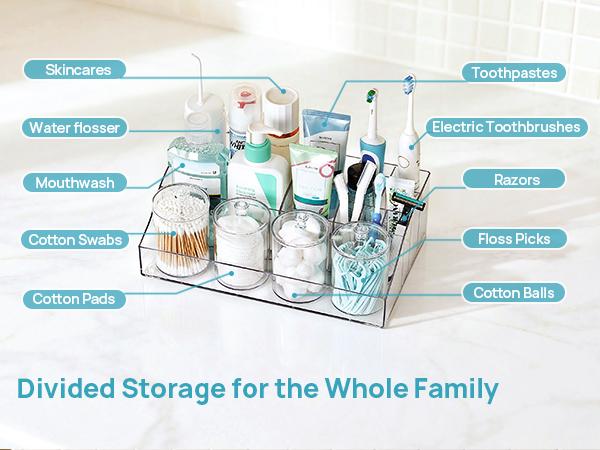 Vtopmart 6 PCS Bathroom Countertop Organizer, 1 Divided Tray with 4 Qtip Holder Jars and 1 Drawers, Restroom Clear Organizers for Toothbrush, Cotton Pads, Vanity Accessories Storage Set, DealsForYouDays (Mid Year Sale Restock), Home Decor, DFYD