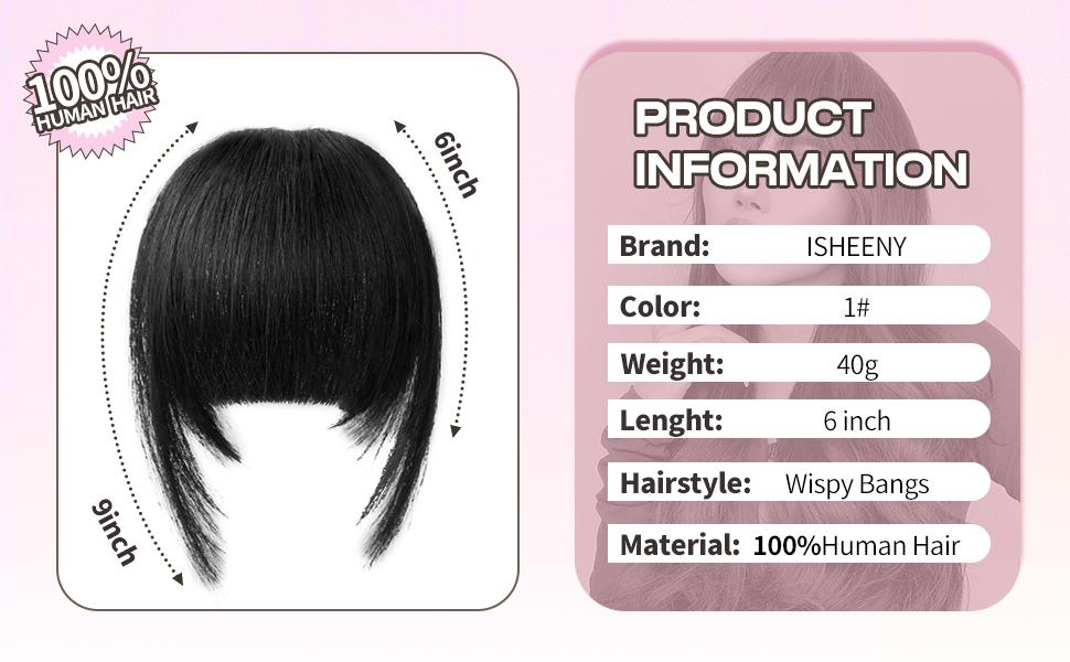 Human Hair Clip in Bangs - Volumizing & Length-Enhancing Fake Bangs, 6Inch Straight Style with Sideburns, Easy to Dye/Style/Trim, Breathable Net for All Face Shapes