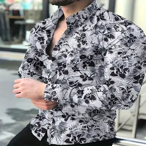 Retro Style Flower Print Men's Casual Long Sleeve Button Up Lapel Shirt, Spring Fall