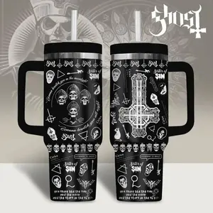 Ghost Band 40oz Skull Tumbler With Handle – Dark Rock Style Music Fan Cup, Gift for fan