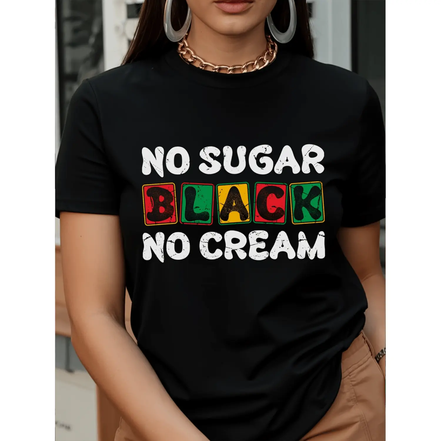 Summer t Shirts juneteenth womens top short sleeved round neck t shirt suitable for summer outfits festive black -1 A79