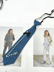 1 Denim Chain Tie For Women, JK Style, Blue, Easy To Style, No Tying Required, Cool And Stylish Shirt With Heart-Shaped Accessories.