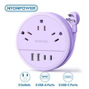 NTONPOWER Travel Power Strip, Purple Round Design 3 AC Outlets + 4 USB (2 USB-C), 4ft Wrap-Around Flat Cord, Cruise Approved Perfect Gift for Travel
