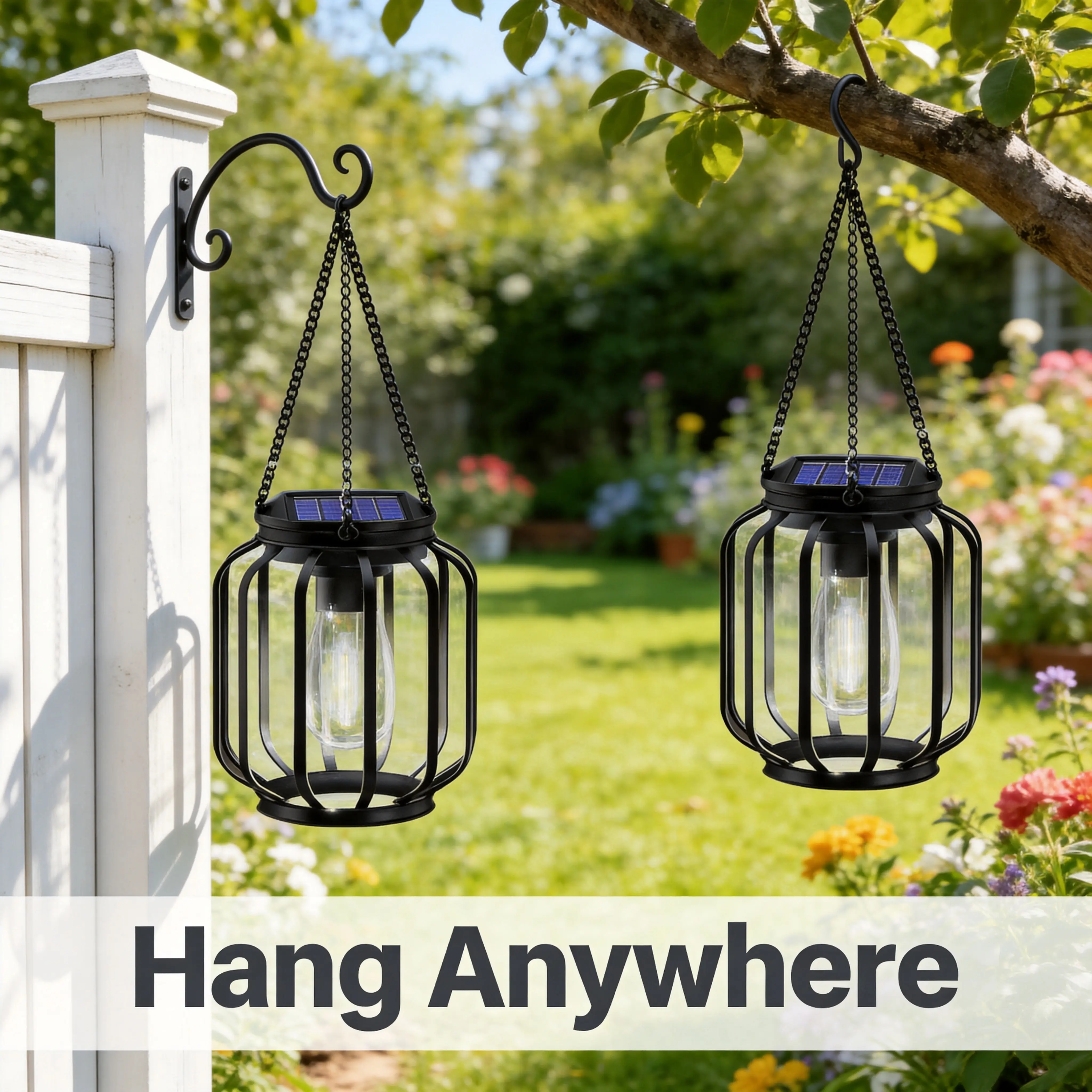 2 Pack Solar Hanging Lanterns with Tungsten Filament Lamp, Outdoor Decorative Lantern Lights with Vintage Metal Cage Design, Warm White Solar Lights for Porch Patio Garden Yard Decoration