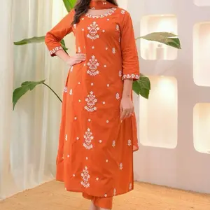 3 Piece Orange Handmade Organic Dress with Embroidered Details and Matching Trousers