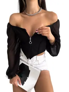 Huonwei Women Mesh Crop Tops Long Sleeve See Throgh Blouse Casual Front Zip Tops Fashionable Deep V Neck Cropped Tight Waist T Shirt Off Shoulder Womenswear Underwear