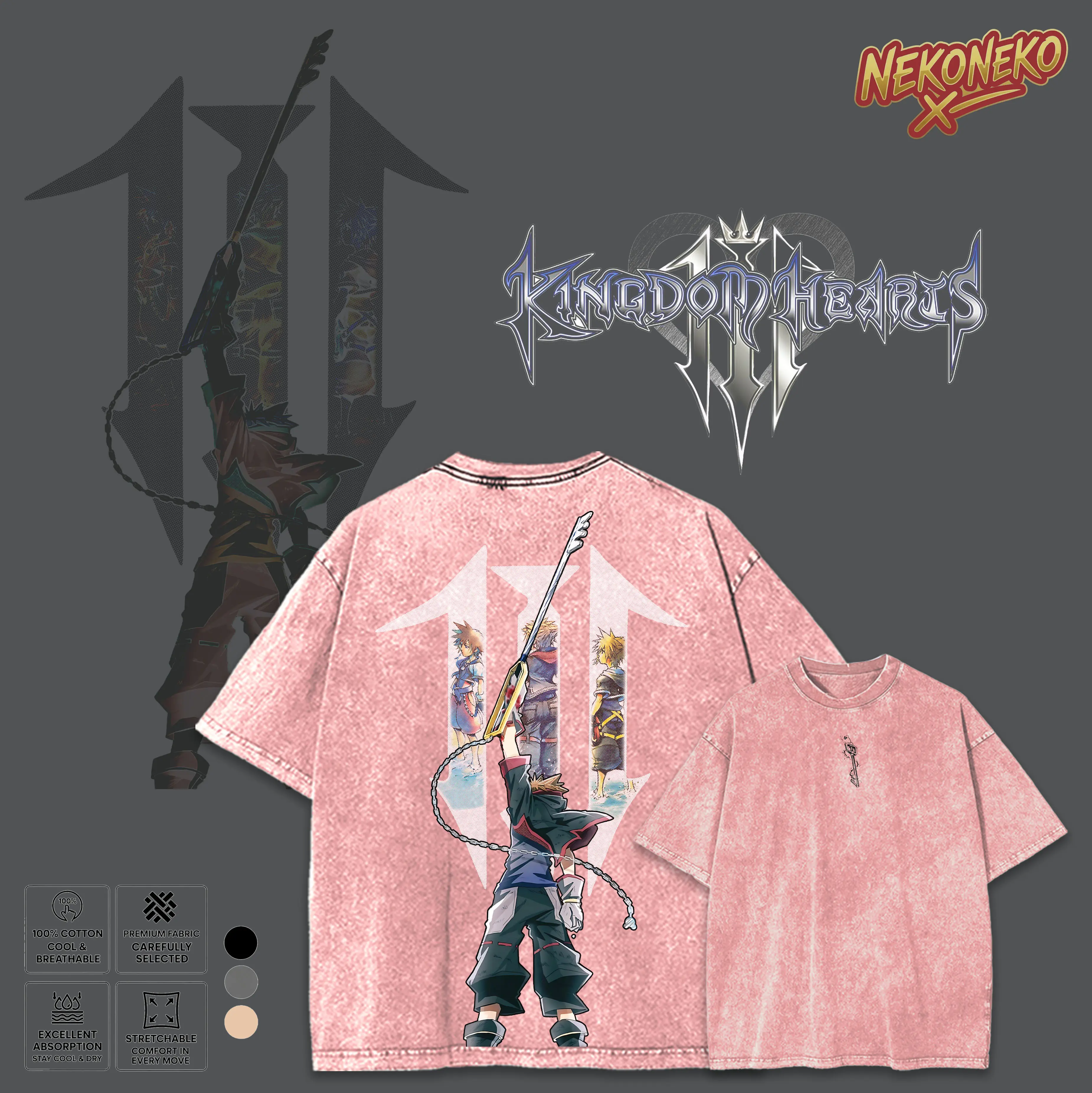 Kingdom Hearts Sora & Keyblade Washed T-shirt, Vintage 90s Aesthetic Oversized Streetwear Tee, Unisex Premium Heavyweight Cotton Loose Fit Shirt, Trendy Gamer Apparel for Summer Outfits