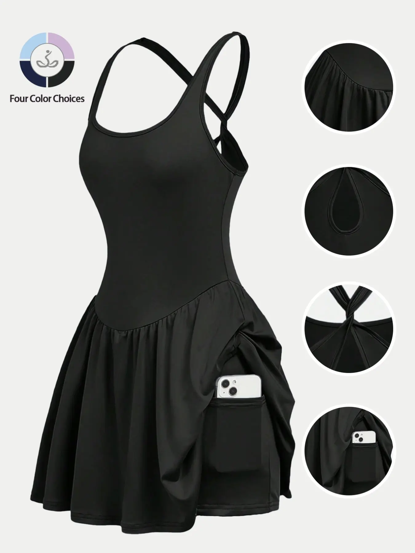 Women's Sleeveless Two-In-One Sporty Tennis Golf Dress, Fitness Workout Dress with Shorts Pockets, Waist Cinch Design, Dual Layer Lining Set, Athletic Workout Dress, Sports Tennis Dress