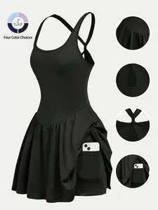 Women's Sleeveless Two-In-One Sporty Tennis Golf Dress, Fitness Workout Dress with Shorts Pockets, Waist Cinch Design, Dual Layer Lining Set