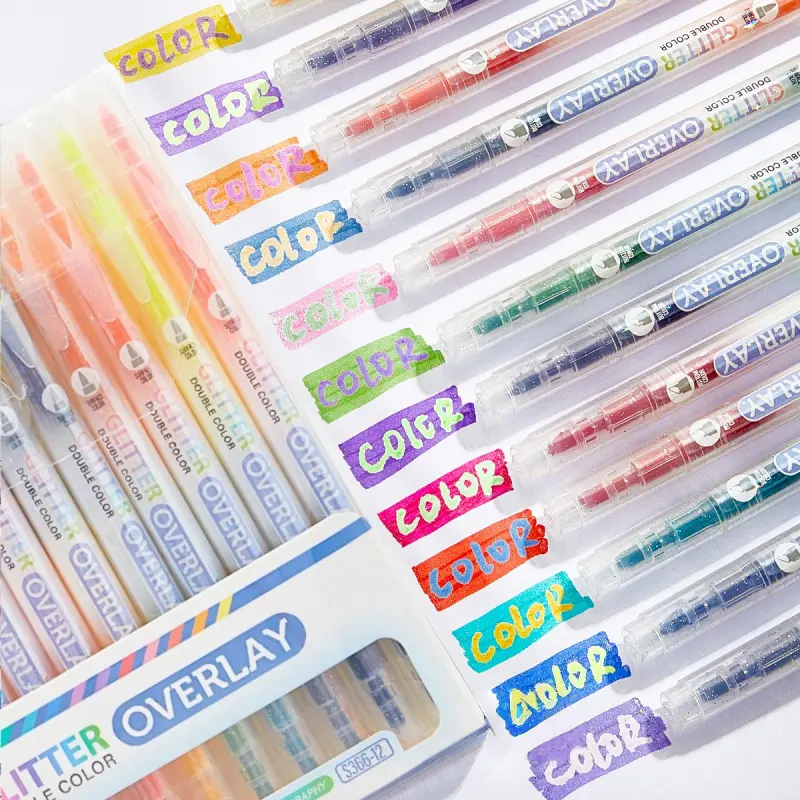 6/12/24 Colors Glitter Highlighters,Chisel & Fine Double Color,Sparkle Highlighters, Color Layering,No Bleed Colors Highlighter Marker Pens for Bible Highlighters for Journaling, highlighting tasks, Students School Office Stationery, Fine Tips
